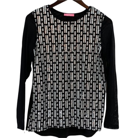 𝅺isaac Mizrahi Black/White Semi Sheer Long Sleeve Sequin Top Sz S - Picture 2 of 10